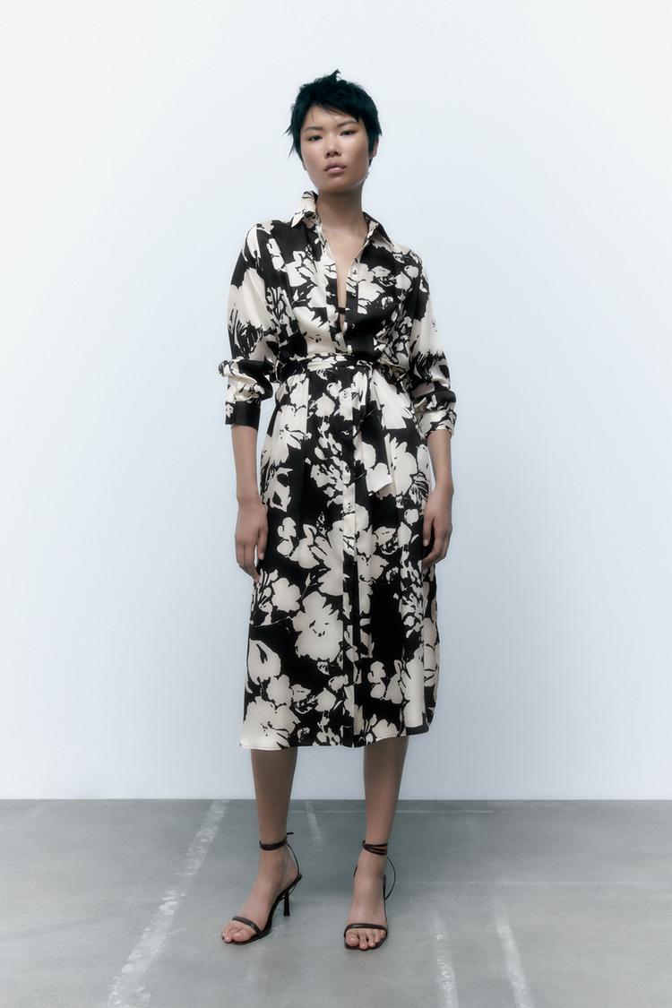 ROBE CHEMISE A IMPRIME FLEURI Ecru Noir ZARA France